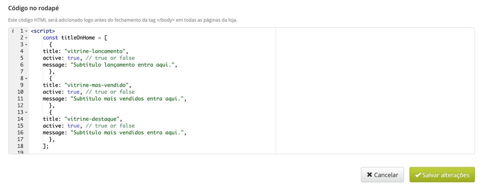 Caixa Código no rodapé