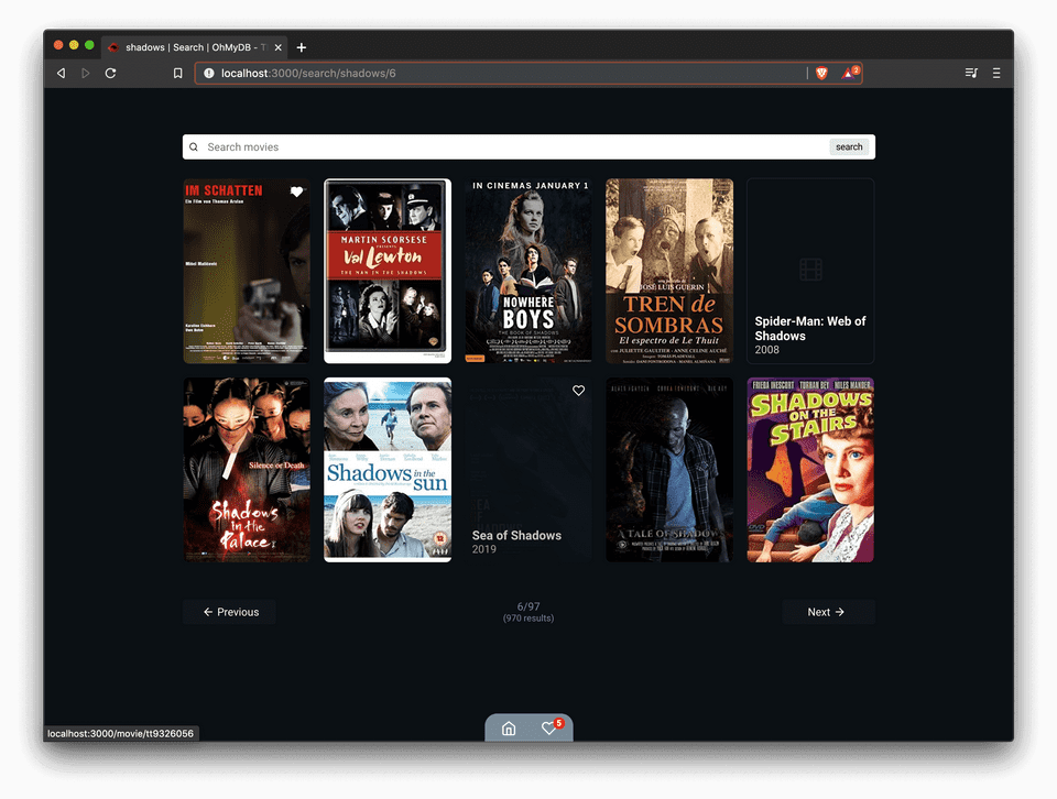 Tela de pesquisa - Detalhe do hover